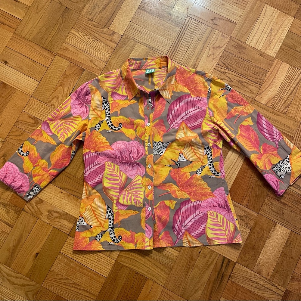 Women’s Manuel Canovas Pink Yellow Floral Button Down Shirt Size 8